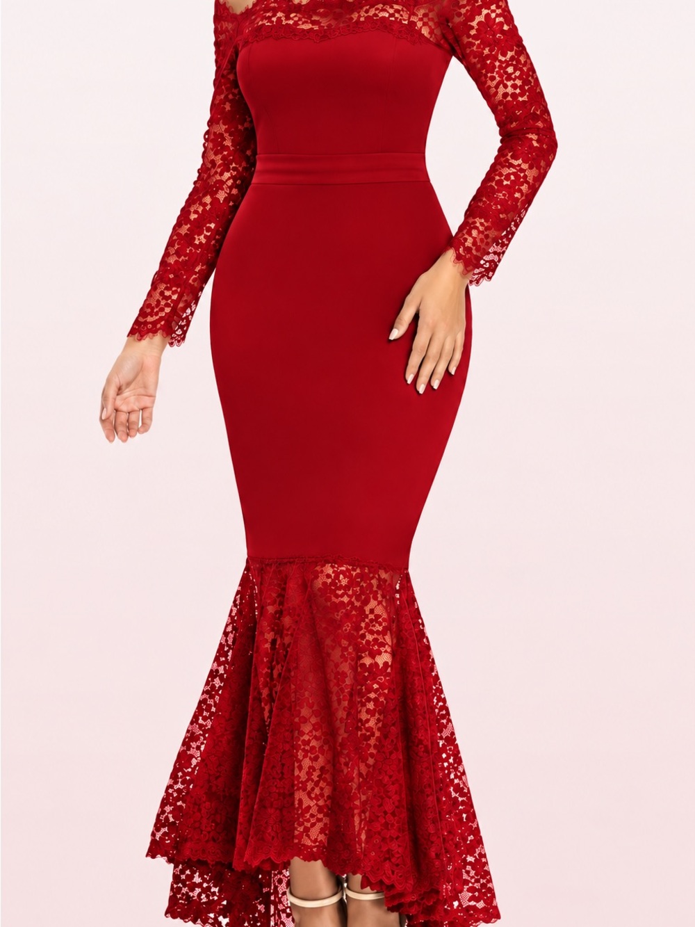 Women's Red Lace Mermaid Long Sleeve Dress